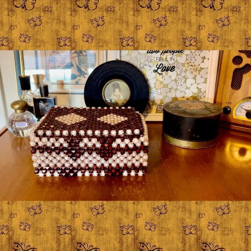 Vintage Beaded Jewelry Box Red White Lucite Plastic Handmade Trinket Box
